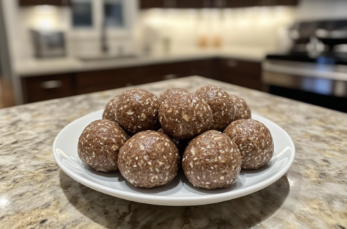 No-bake protein energy balls on a white plate, made with oats, peanut butter, and chia seeds