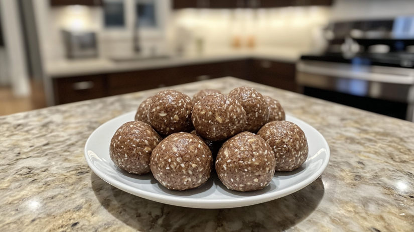 No-bake protein energy balls on a white plate, made with oats, peanut butter, and chia seeds