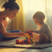 A mother and her toddler sitting on a soft rug in a sunlit living room, playing together with colorful building blocks. The mother smiles warmly as she helps her child stack the blocks, while the toddler focuses intently on the structure.
