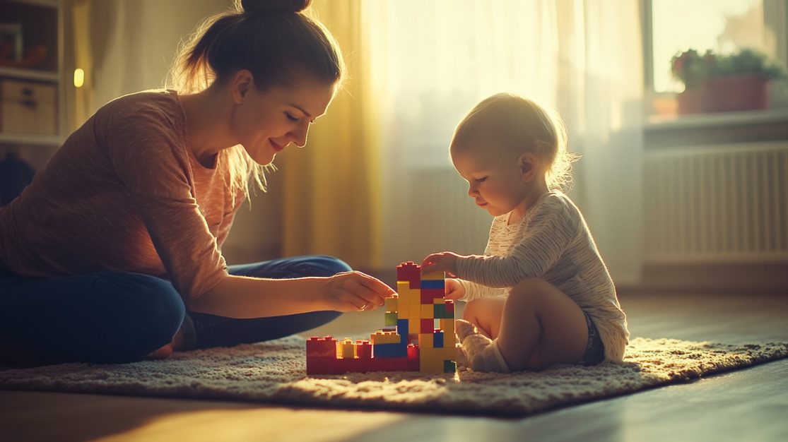 A mother and her toddler sitting on a soft rug in a sunlit living room, playing together with colorful building blocks. The mother smiles warmly as she helps her child stack the blocks, while the toddler focuses intently on the structure.